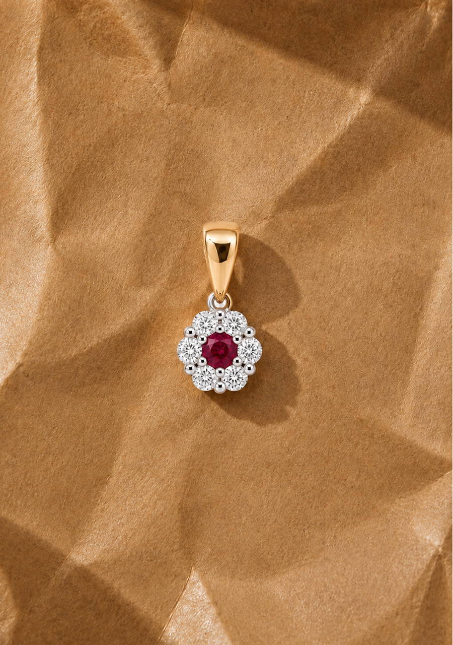 Ruby & Diamond 9ct Yellow Gold Cluster Pendant