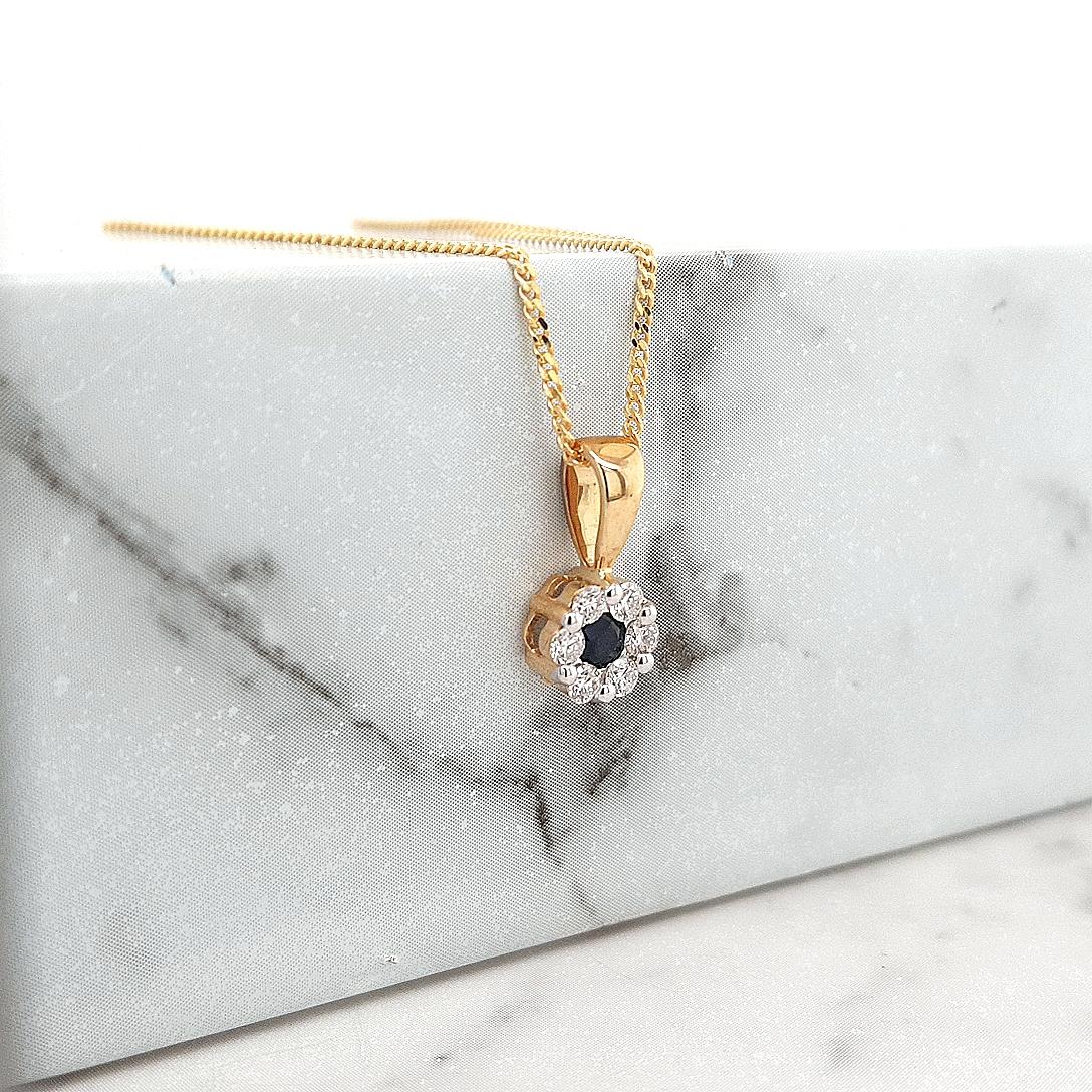 Sapphire & Diamond 9ct Yellow Gold Cluster Pendant