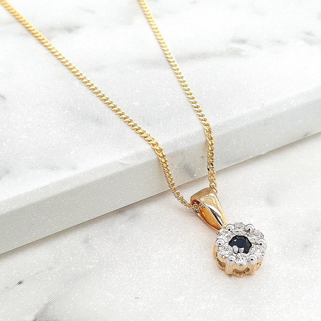 Sapphire & Diamond 9ct Yellow Gold Cluster Pendant