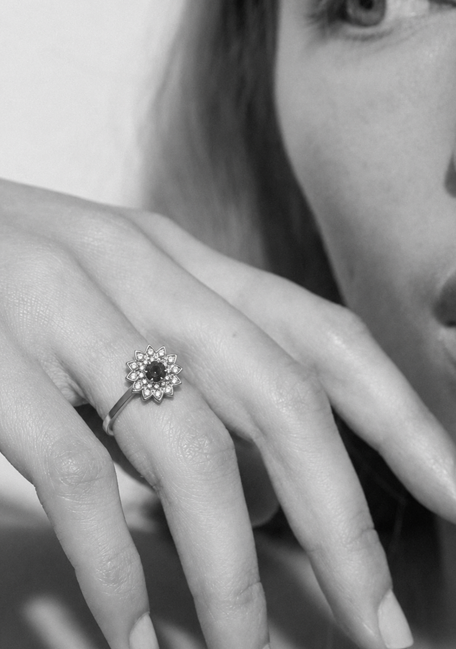 Meadowlark Dahlia Ring 9k Yellow Gold Dark Blue Sapphire & Diamonds