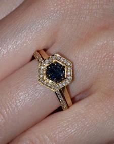 Meadowlark Hex Engagement Ring 9k Yellow Gold Midnight Blue Sapphire and Diamonds