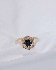 Meadowlark Hex Engagement Ring 9k Yellow Gold Midnight Blue Sapphire and Diamonds