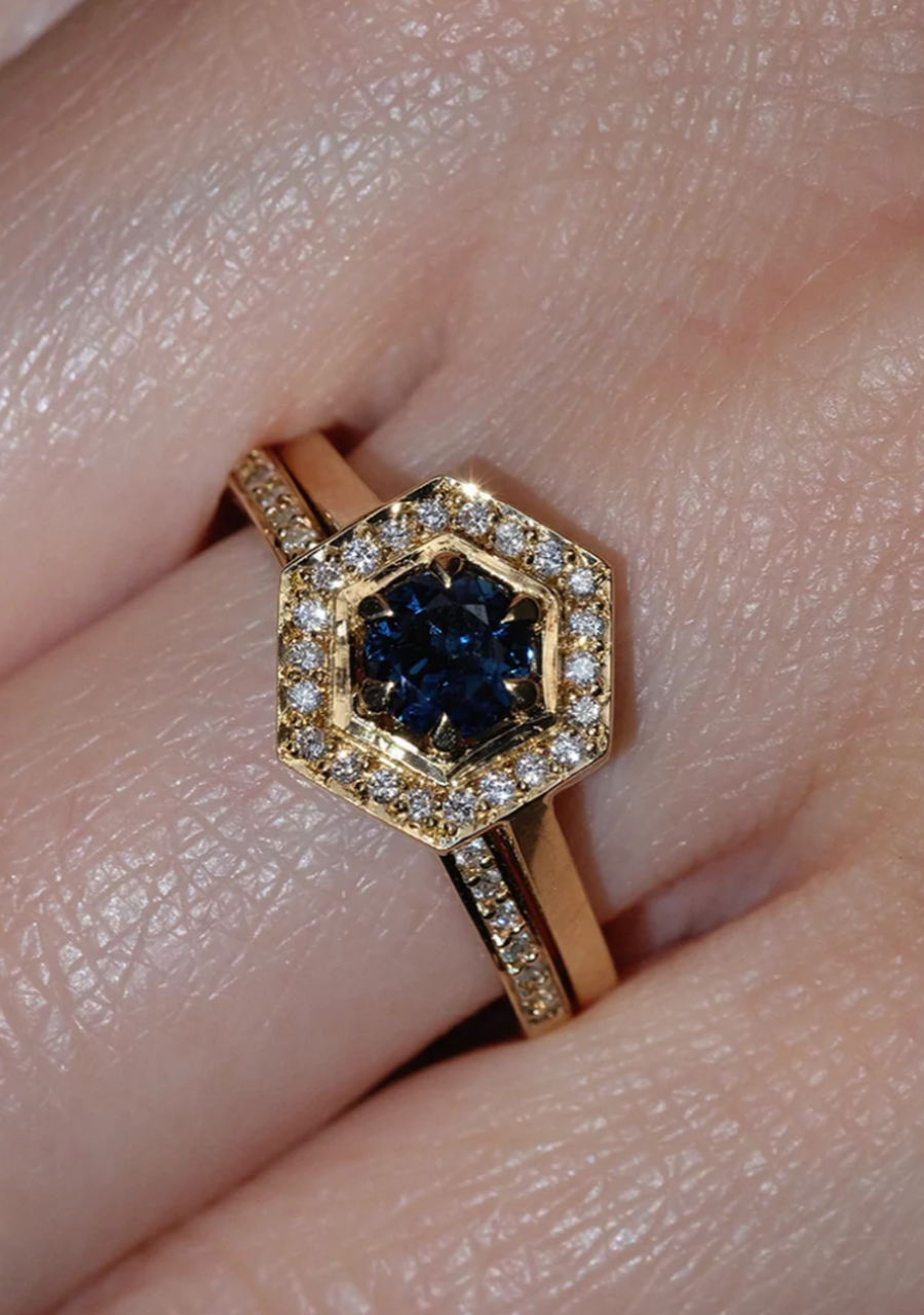 Meadowlark Hex Engagement Ring 9k Yellow Gold Midnight Blue Sapphire and Diamonds