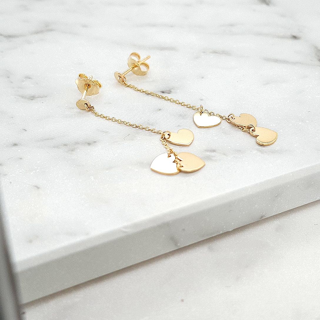 9k Yellow Gold 3 Hearts Drop Stud Earrings