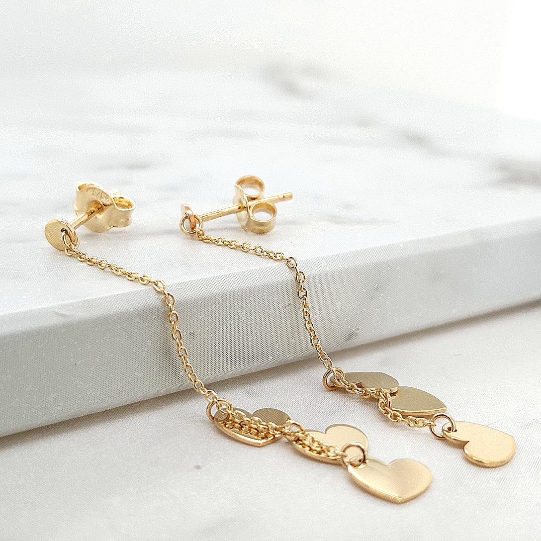 9k Yellow Gold 3 Hearts Drop Stud Earrings