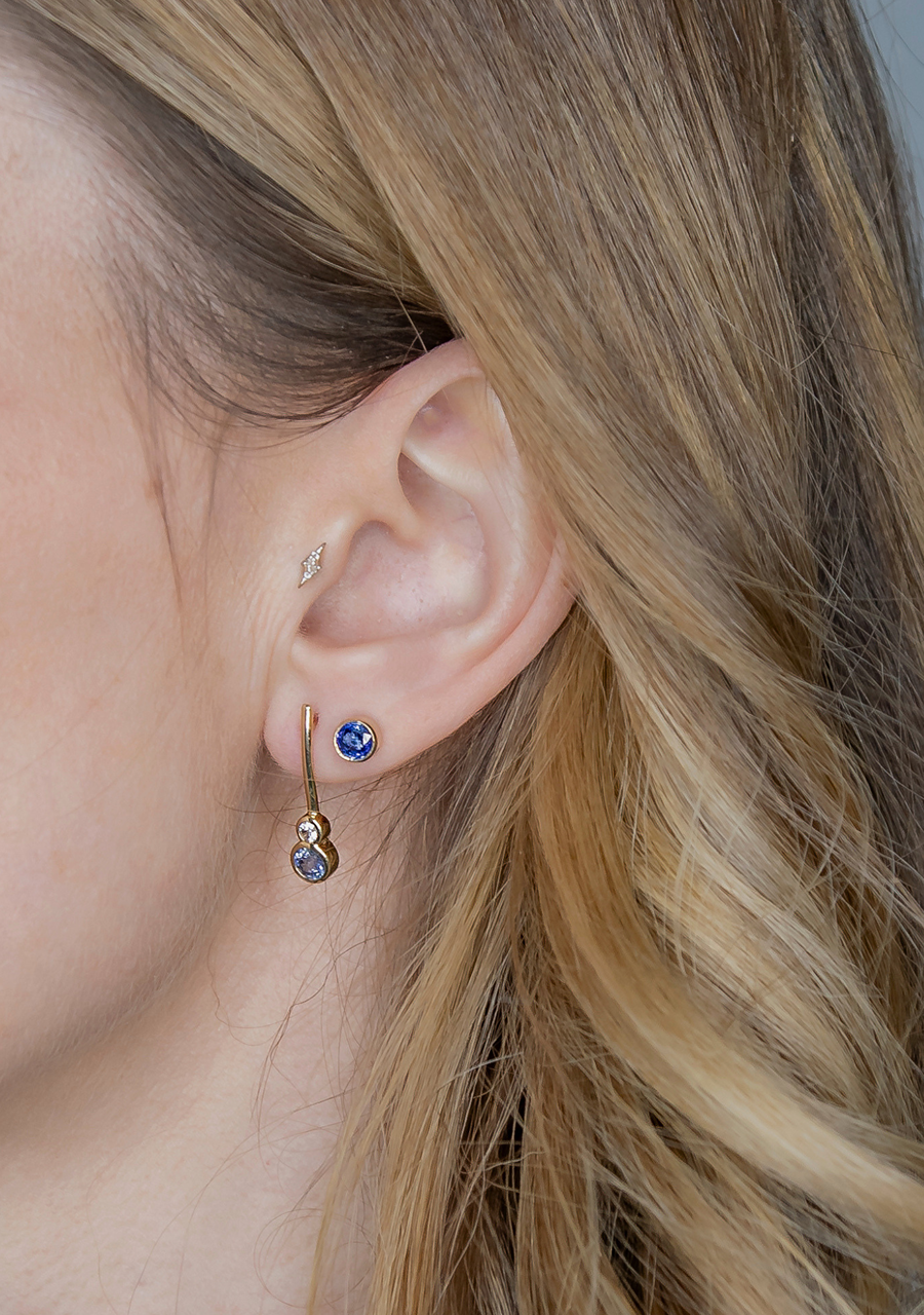9ct Yellow Gold Ceylonese Sapphire & White Sapphire Drop Stud Earrings