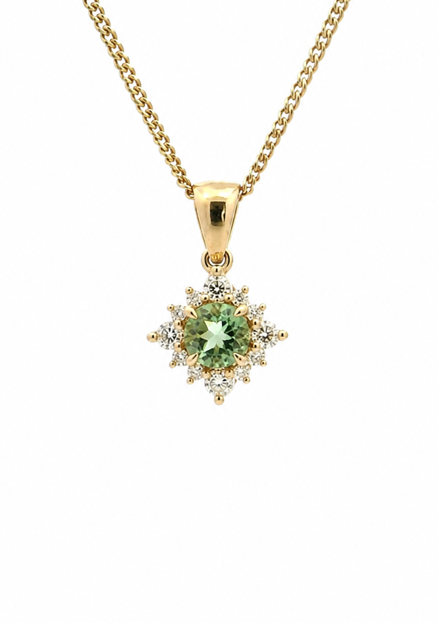 9ct Yellow Gold Mint Tourmaline & Diamond Pendant