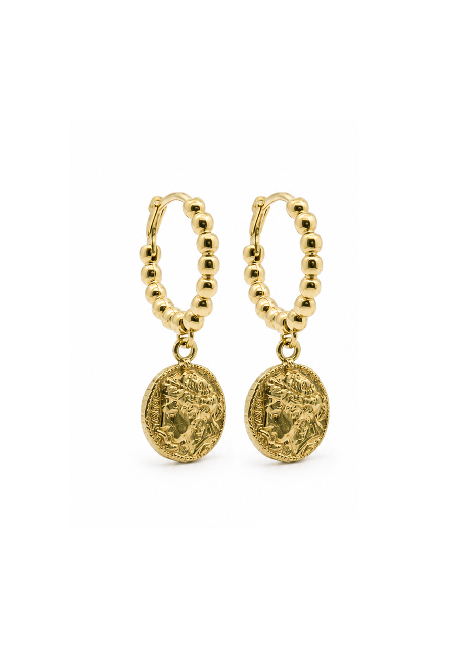 9ct Yellow Gold Beaded Greek Medallion Huggie Earrings