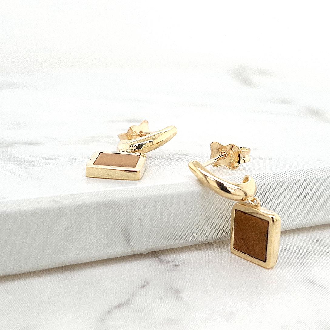 Tigers Eye 9ct Yellow Gold Square Drop Stud Earrings