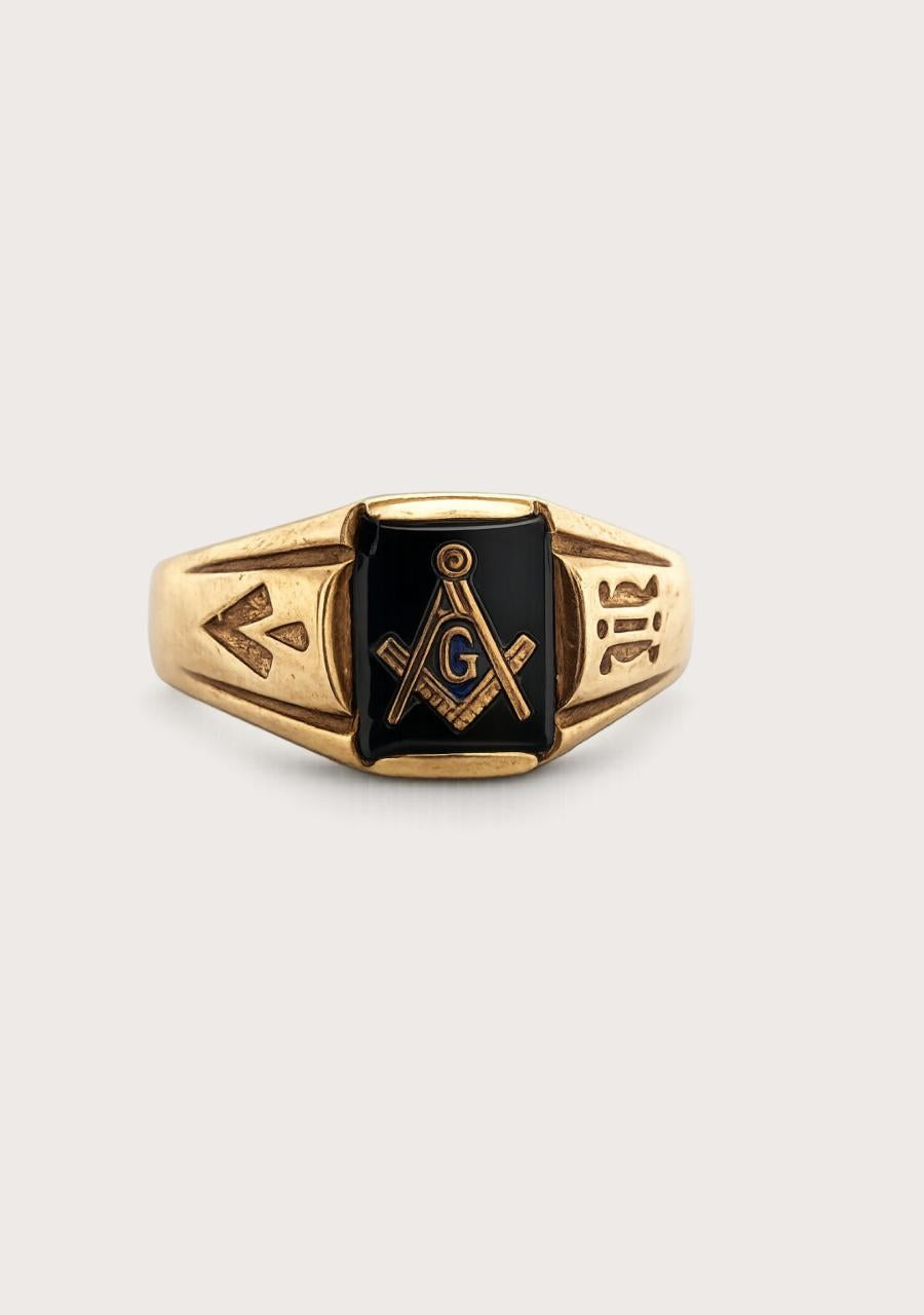 Estate 10ct Yellow Gold Onyx Masonic Signet Ring