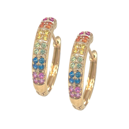 Multi Coloured Sapphire 9ct yellow Gold Pave Set Hoop Earrings