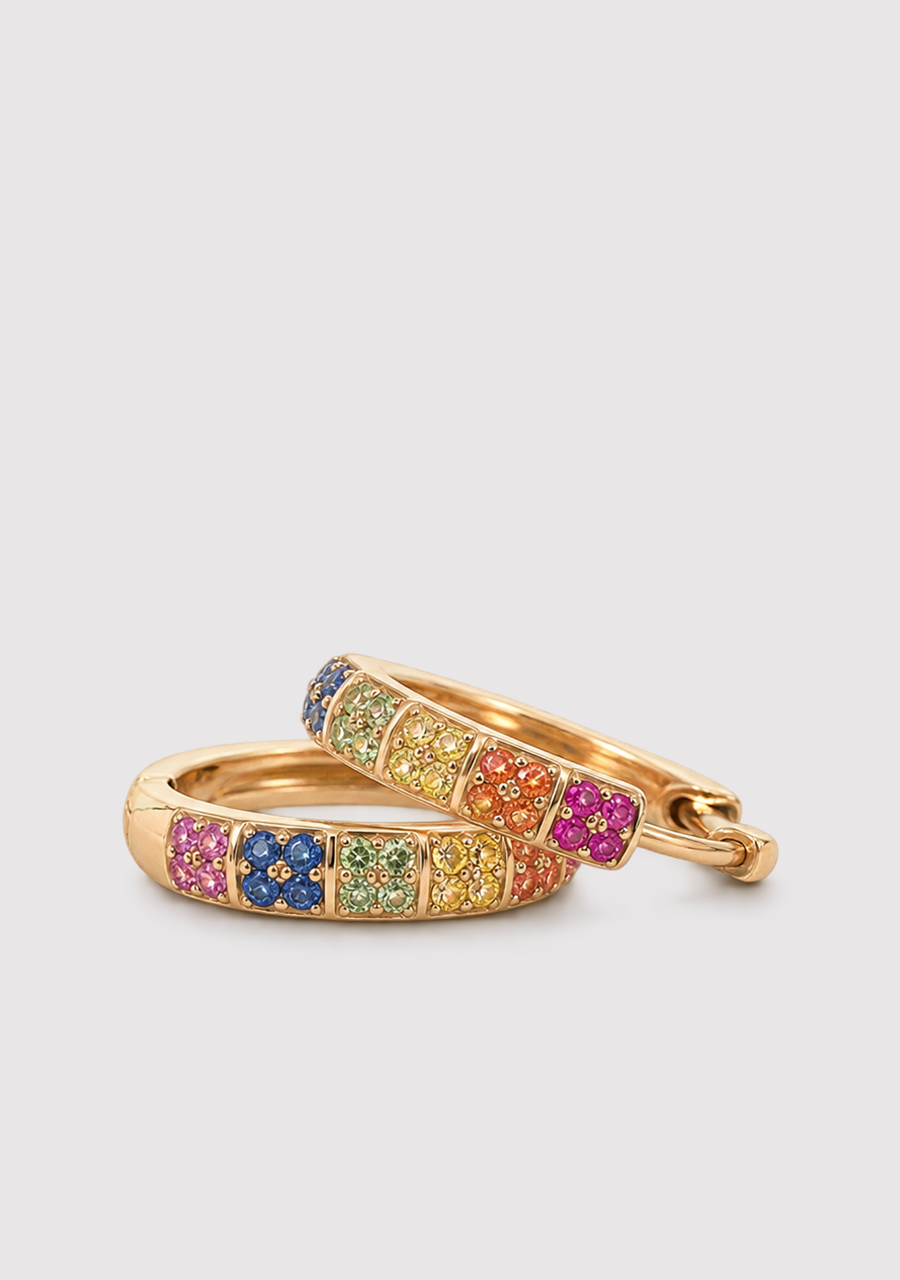Multi Coloured Sapphire 9ct yellow Gold Pave Set Hoop Earrings