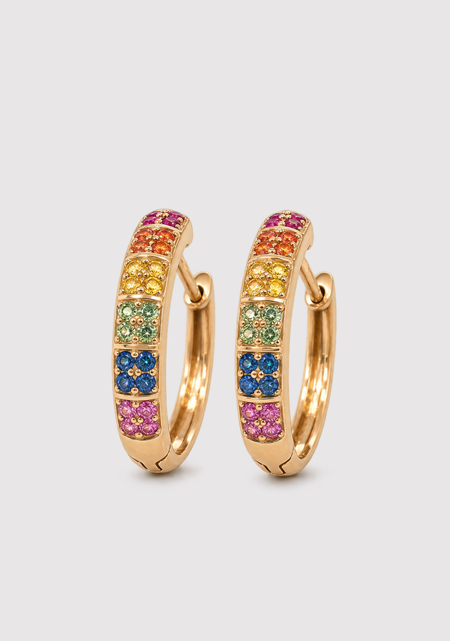Multi Coloured Sapphire 9ct yellow Gold Pave Set Hoop Earrings
