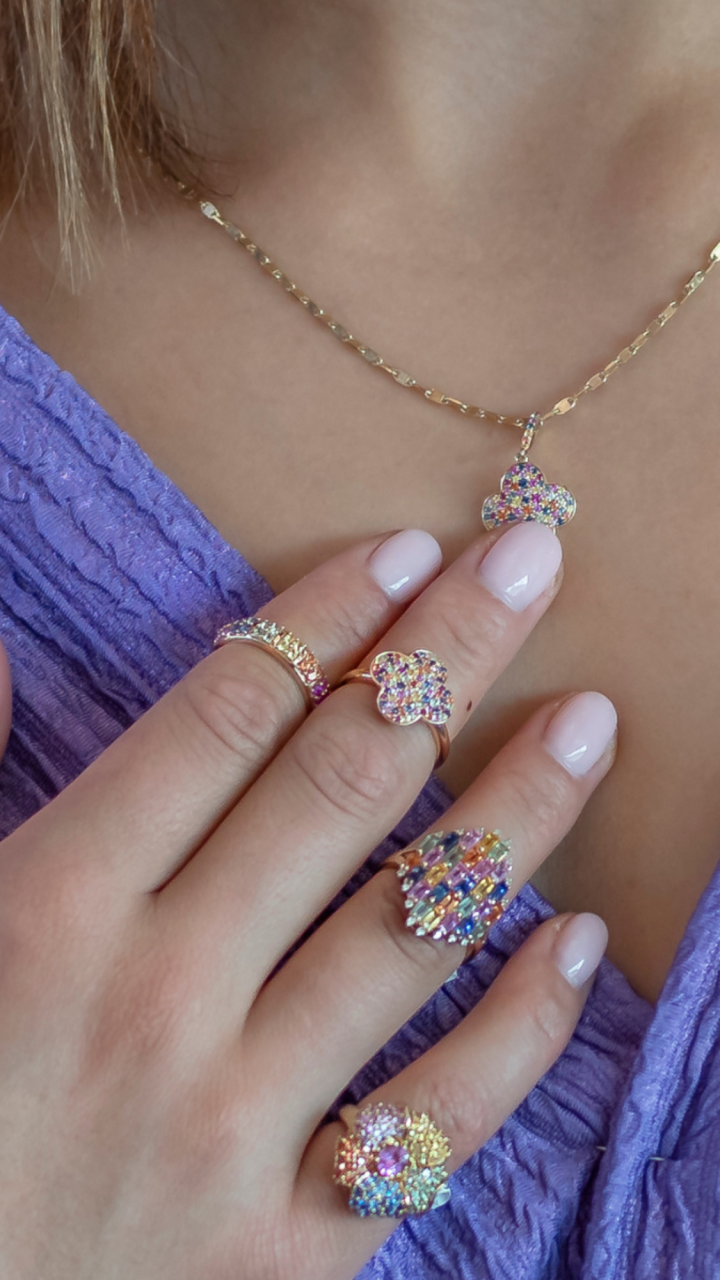 Multi Coloured Sapphire & Diamond Dress Ring in 9ct Yellow Gold