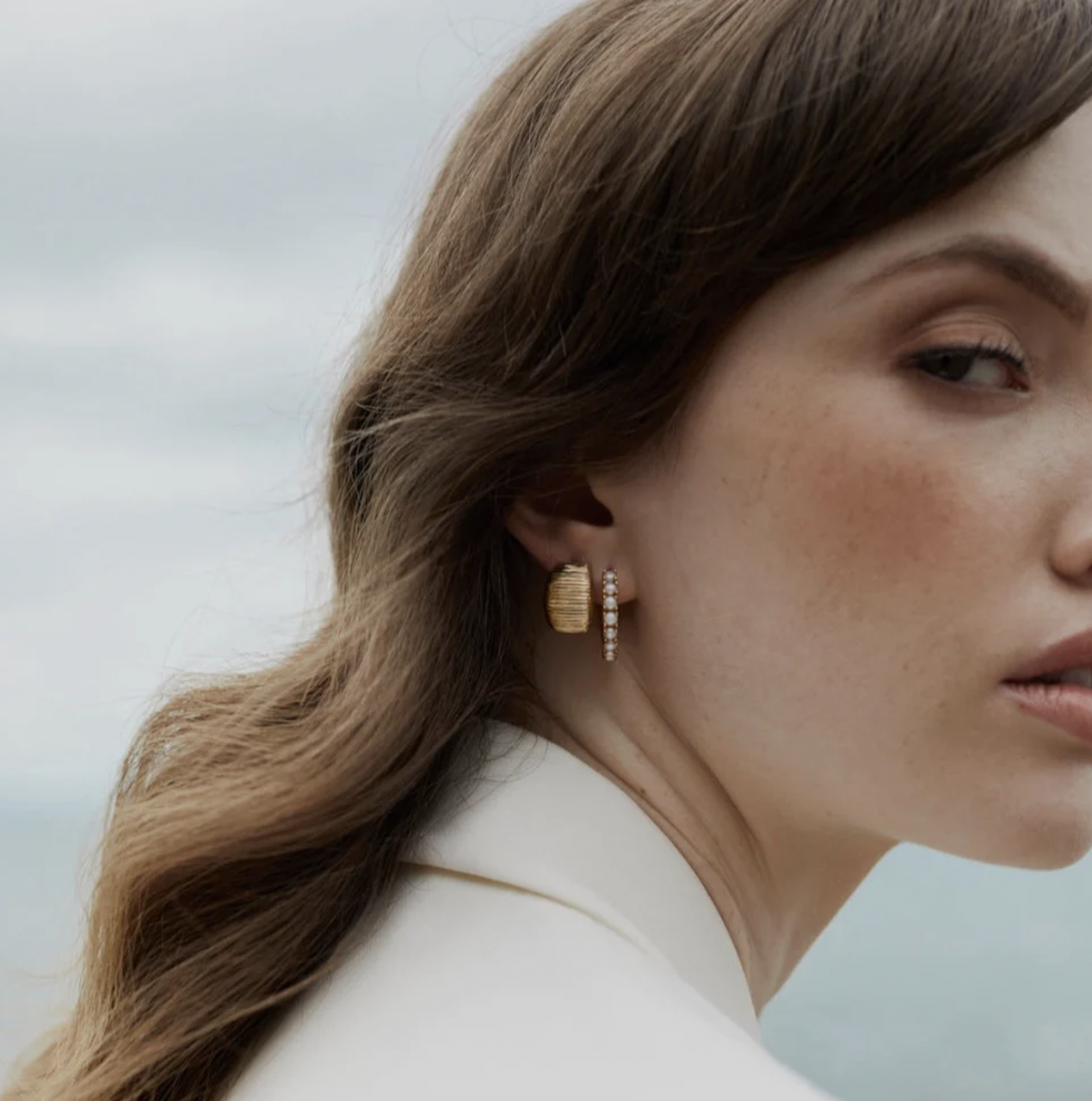 Silk & Steel Venus Sleeper Hoop Earrings with Freshwater Pearls