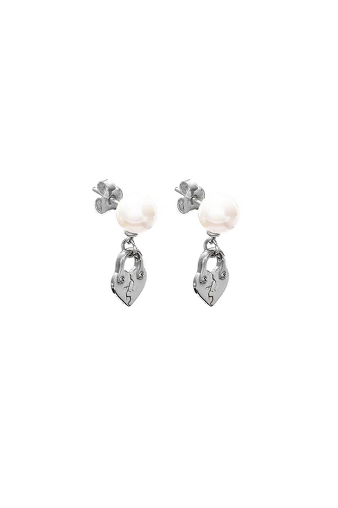 Stolen Girlfriends Club Sterling Silver Fractured Heart Fresh Water Pearl Drop Stud Earrings