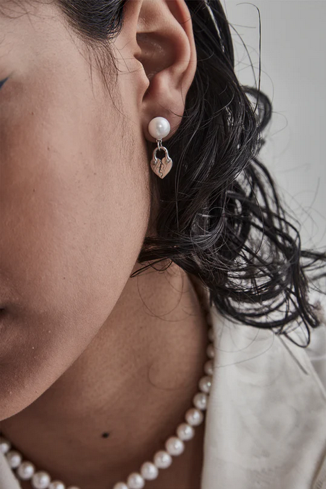 Stolen Girlfriends Club Sterling Silver Fractured Heart Fresh Water Pearl Drop Stud Earrings