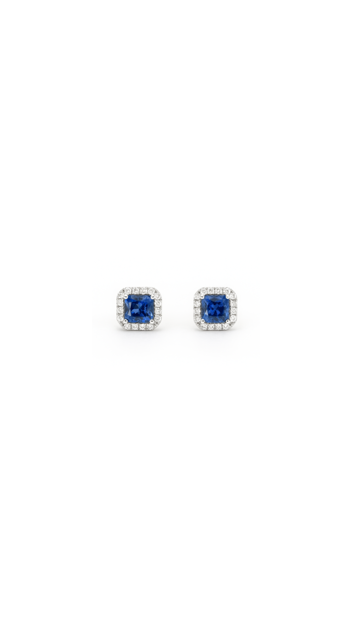 Ceylonese Sapphire & Diamond Halo Stud Earrings in 18ct White Gold