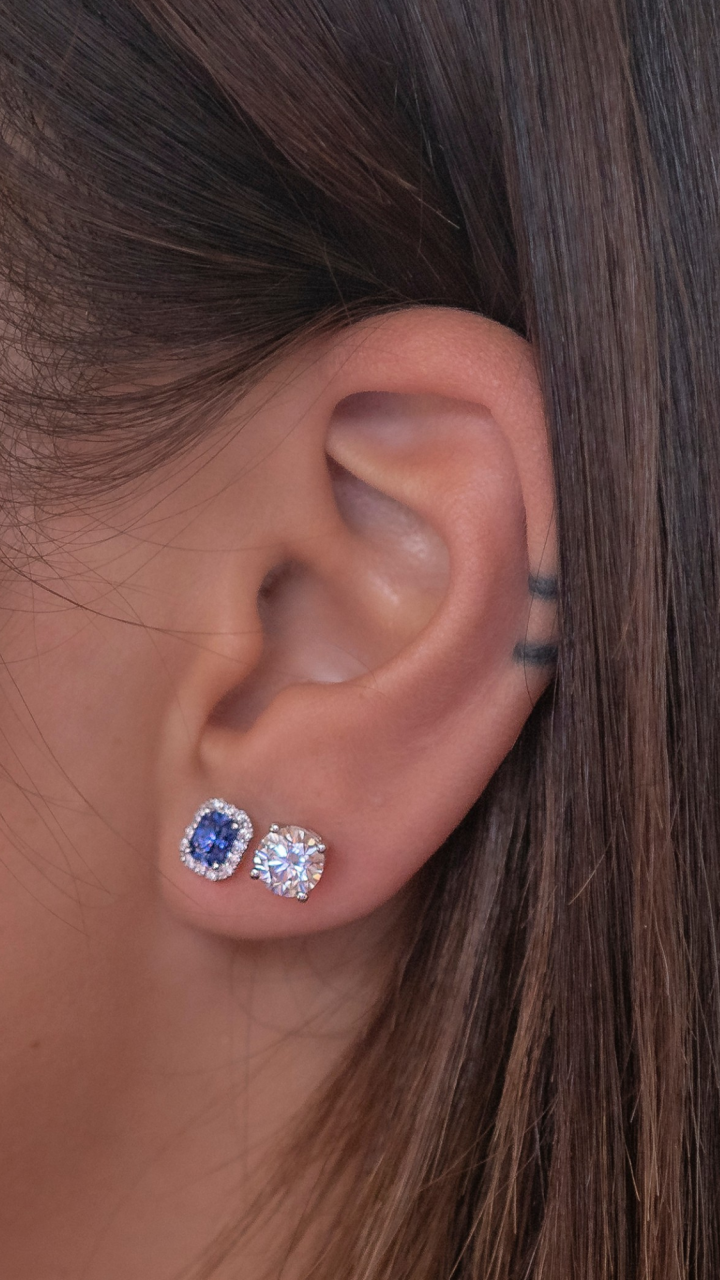 Ceylonese Sapphire & Diamond Halo Stud Earrings in 18ct White Gold