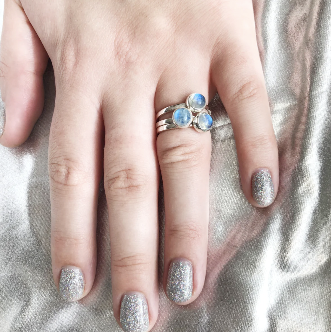 Nick Von K Rainbow Moonstone 3 Muses Ring Sterling Silver. Size P