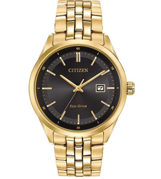 Citizen Gents Eco-Drive Yellow Gold Plated Black Face Watch 100m Water Resistant BM7252-51E