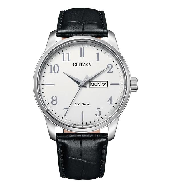 Citizen Gents Eco-Drive White Face Black Leather Strap Watch 100m Water Resistant BM8550-14A