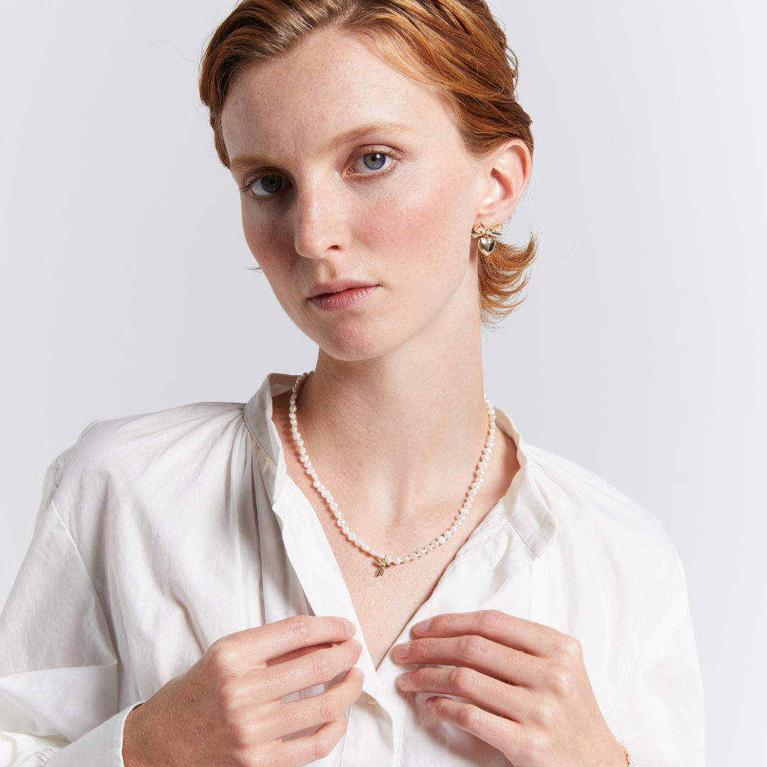 Karen Walker Sterling Silver Petite Bow with Pearls Necklace with Freshwater Pearls 45+5cm