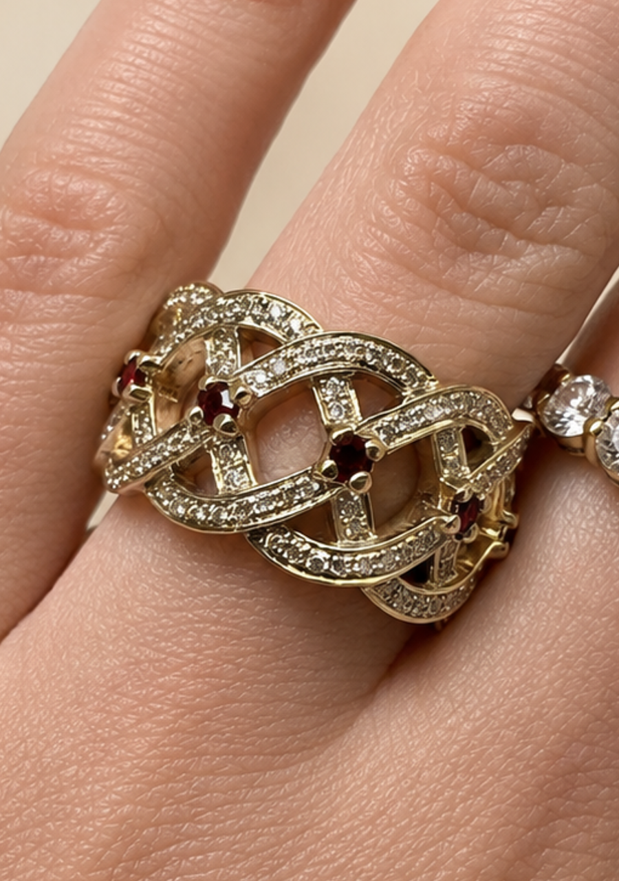 Ruby & Diamond 9ct Yellow Gold Fancy Wide Band Ring