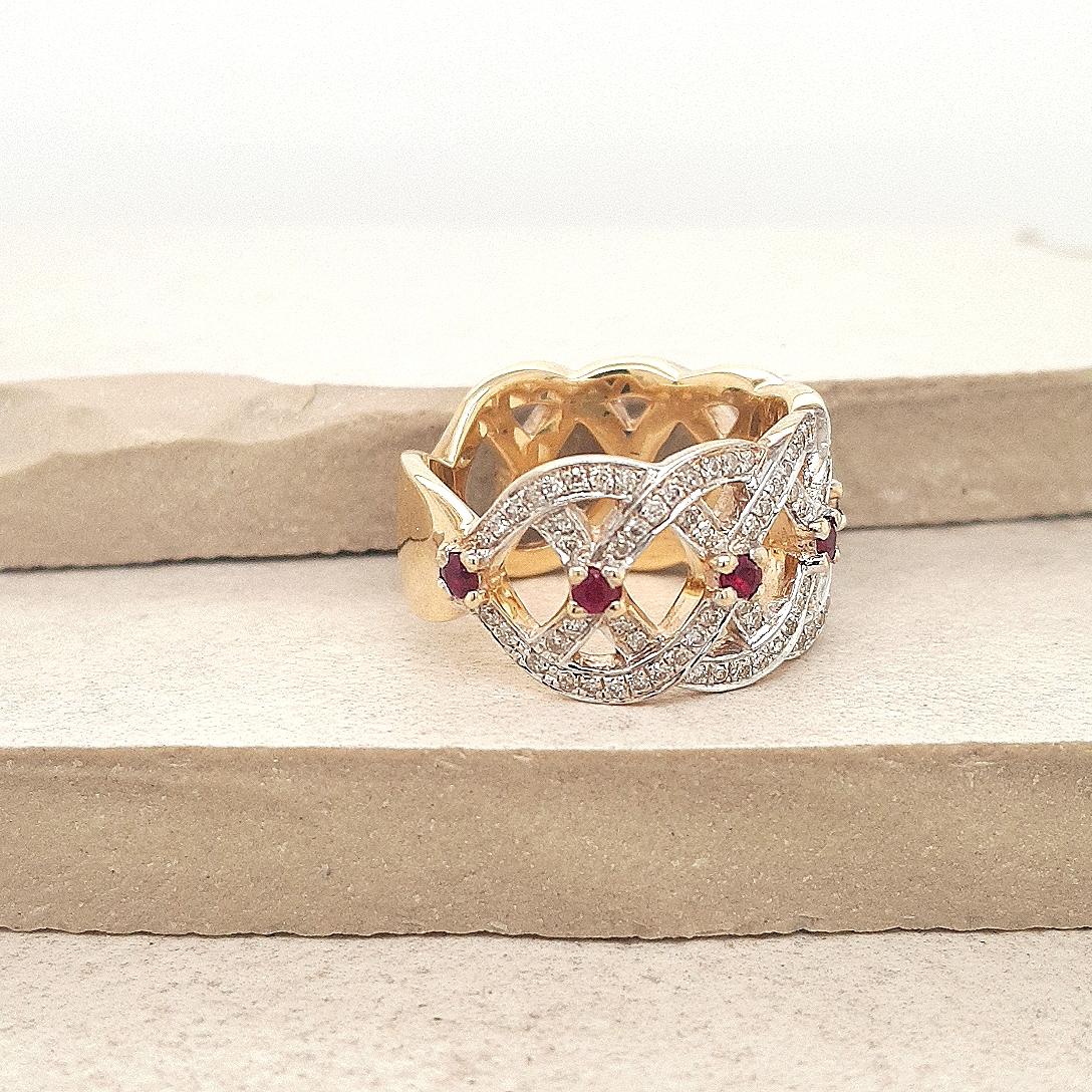 Ruby & Diamond  9ct Yellow Gold Fancy Wide Band Ring