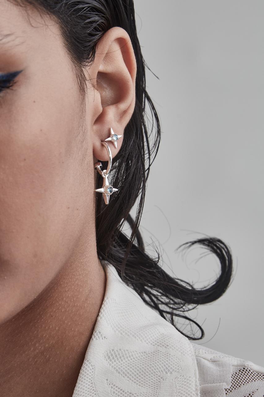 Stolen Girlfriends Club Sterling Silver Ninja Star Stud Earrings with London Blue Topaz