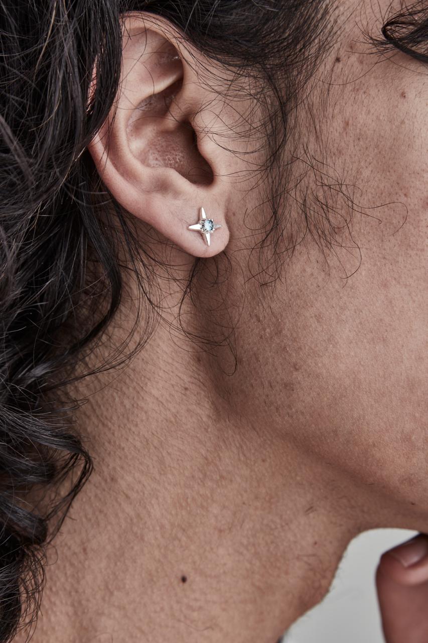 Stolen Girlfriends Club Sterling Silver Ninja Star Stud Earrings with London Blue Topaz