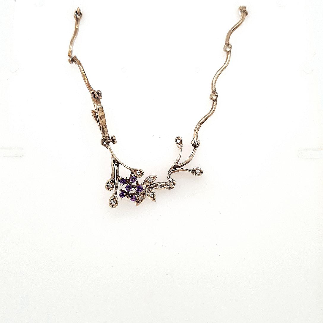 Estate 9ct White Gold Amethyst & Diamond Fancy Link Necklace