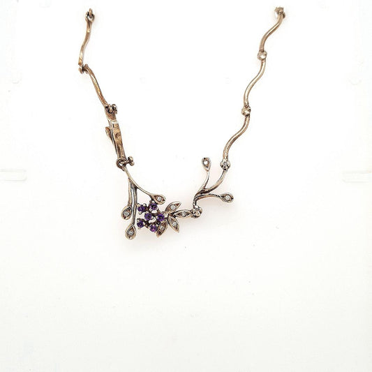 Estate 9ct Yellow Gold Amethyst & Diamond Fancy Link Necklace
