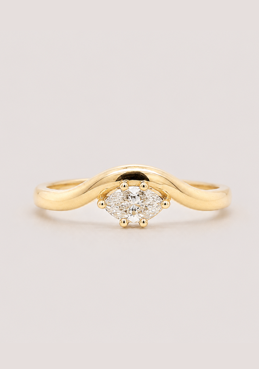 9ct Yellow Gold Marquise Diamond Claw Set Organic Curved Band