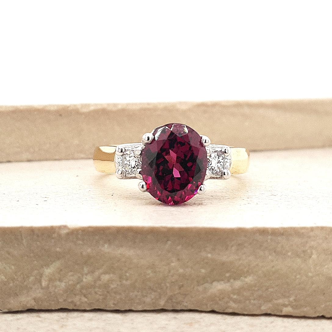 Rhodolite Garnet & Lab Grown Diamond 18ct Yellow & White Gold Three Stone Ring