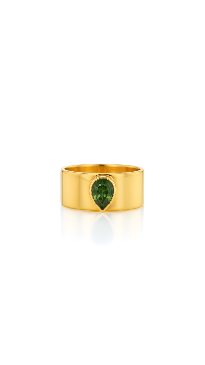 Green Sapphire Wide Bezel Ring in 9ct Yellow Gold