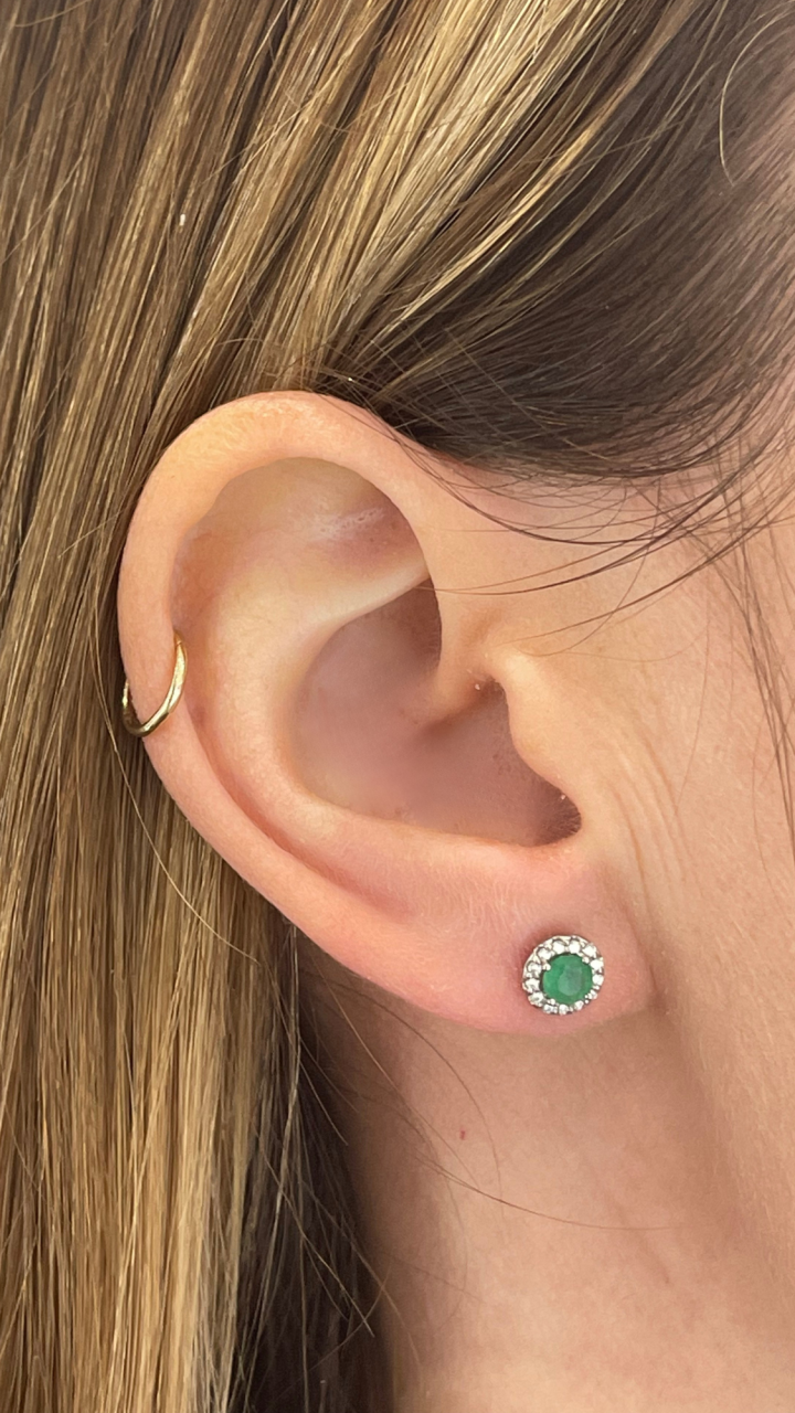 Emerald & Diamond Halo Stud Earrings in 9ct White Gold