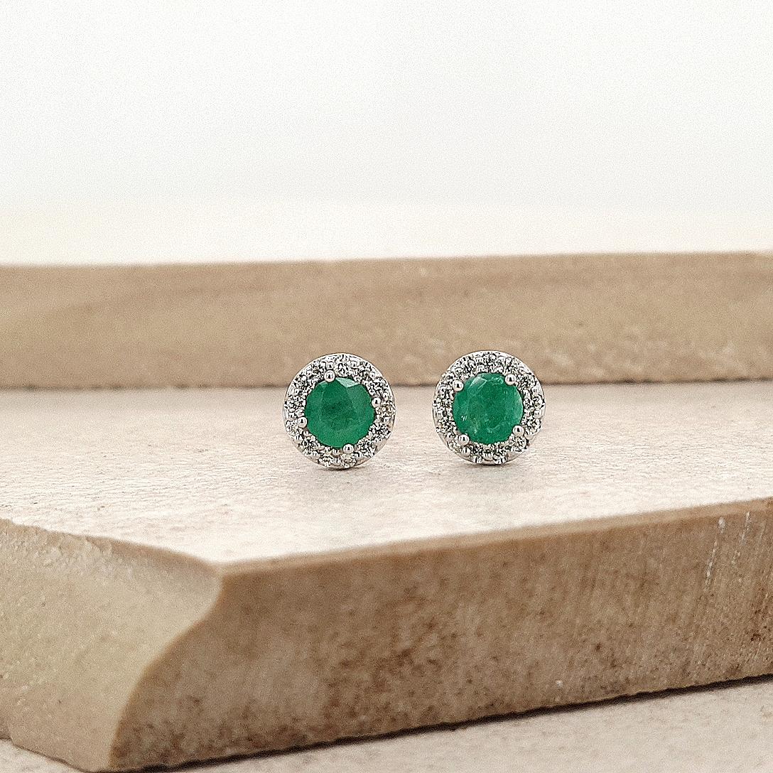 Emerald & Diamond 9ct White Gold Halo Stud Earrings