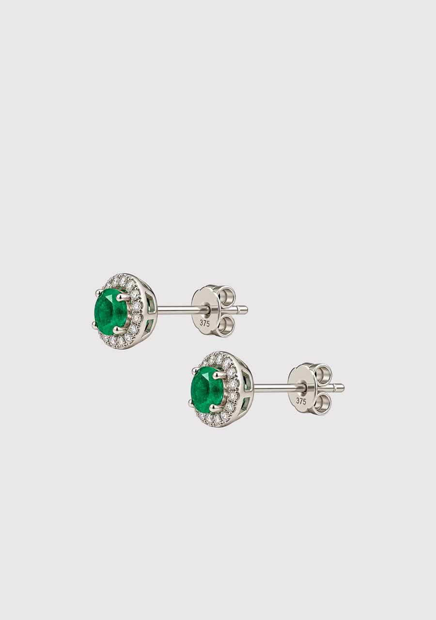 Emerald & Diamond 9ct White Gold Halo Stud Earrings