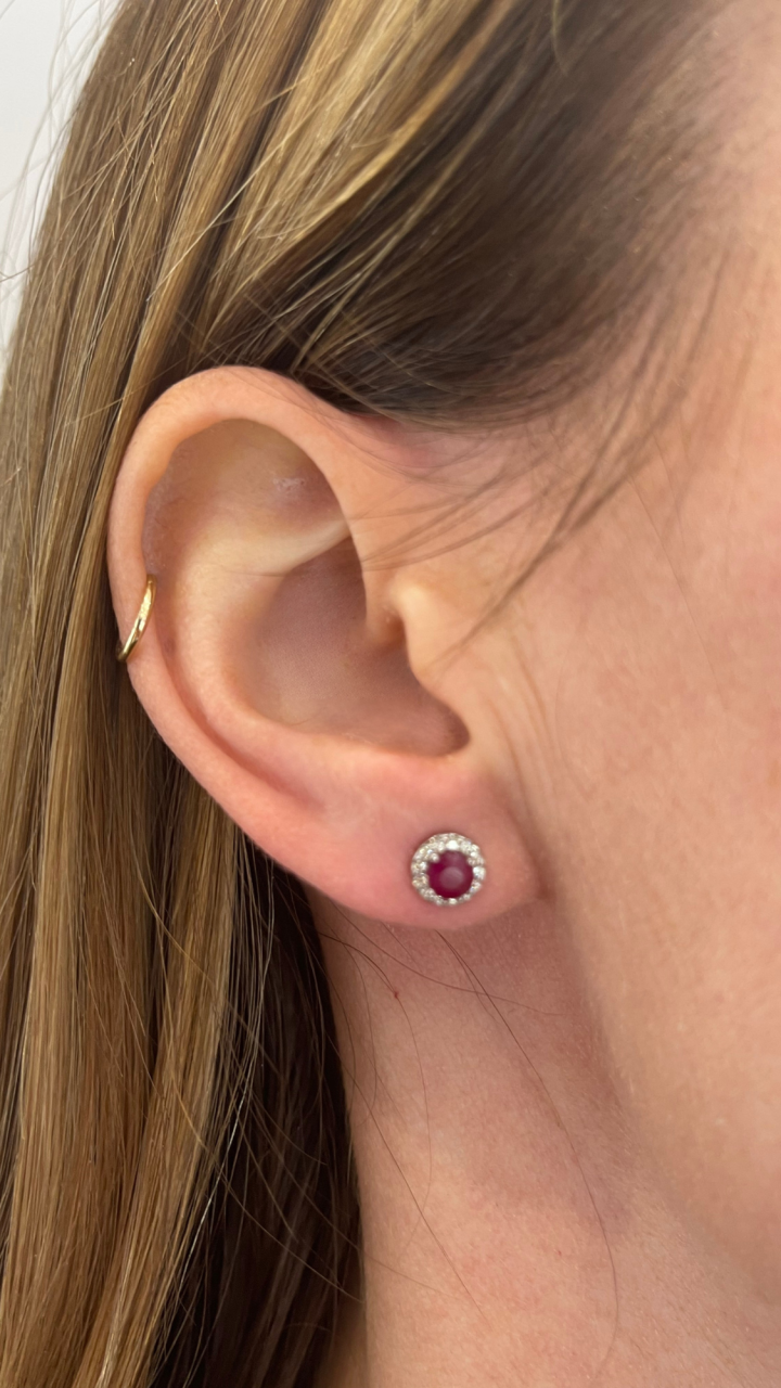 Ruby & Diamond Halo Stud Earrings in 9ct White Gold