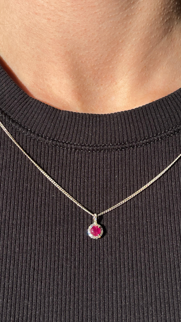 Ruby & Diamond Halo Pendant in 9ct White Gold
