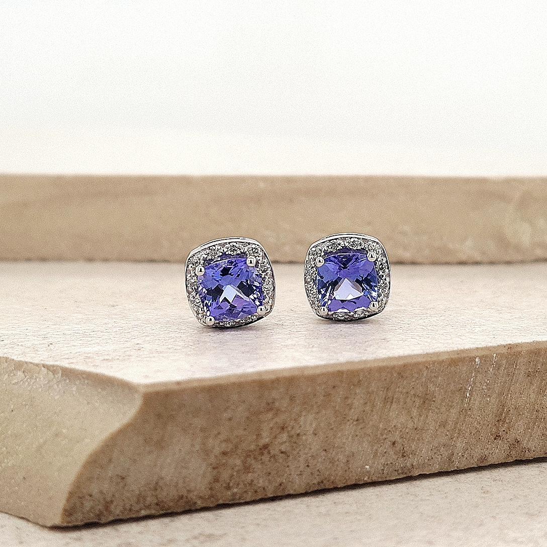 Tanzanite & Diamond Halo Stud Earrings in 9ct White Gold