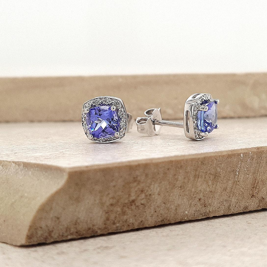 Tanzanite & Diamond Halo Stud Earrings in 9ct White Gold