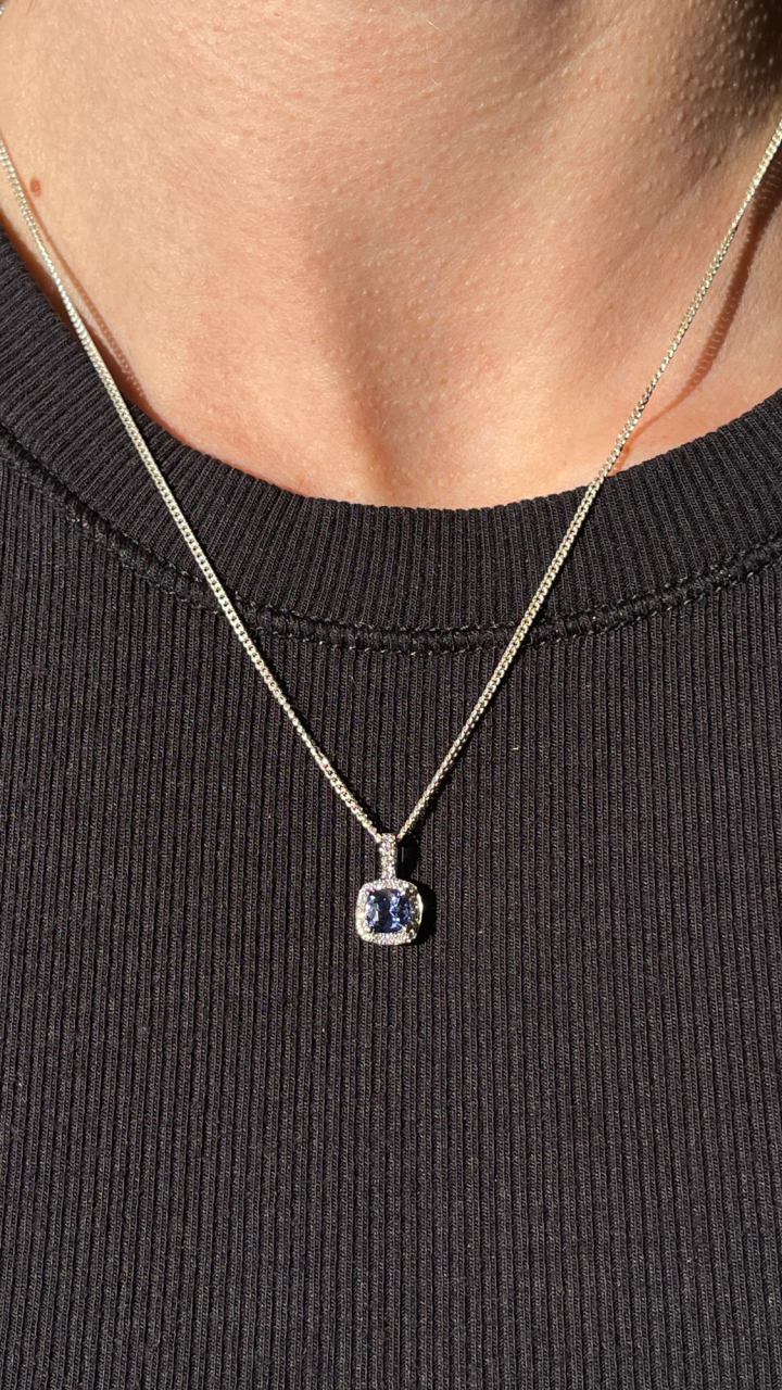 Tanzanite & Diamond Halo Pendant in 9ct White Gold