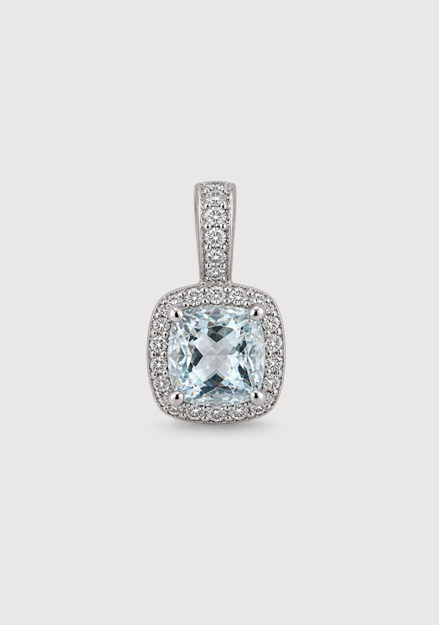Aquamarine & Diamond 9ct White Gold Halo Pendant