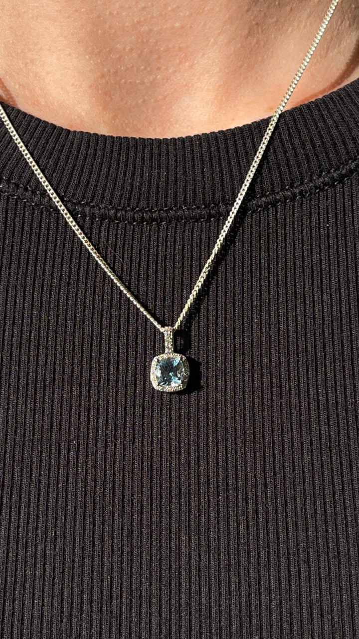 Aquamarine & Diamond Halo Pendant in 9ct White Gold