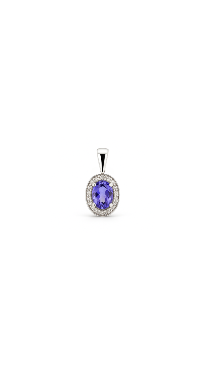 Tanzanite & Diamond Halo Pendant in 9ct White Gold