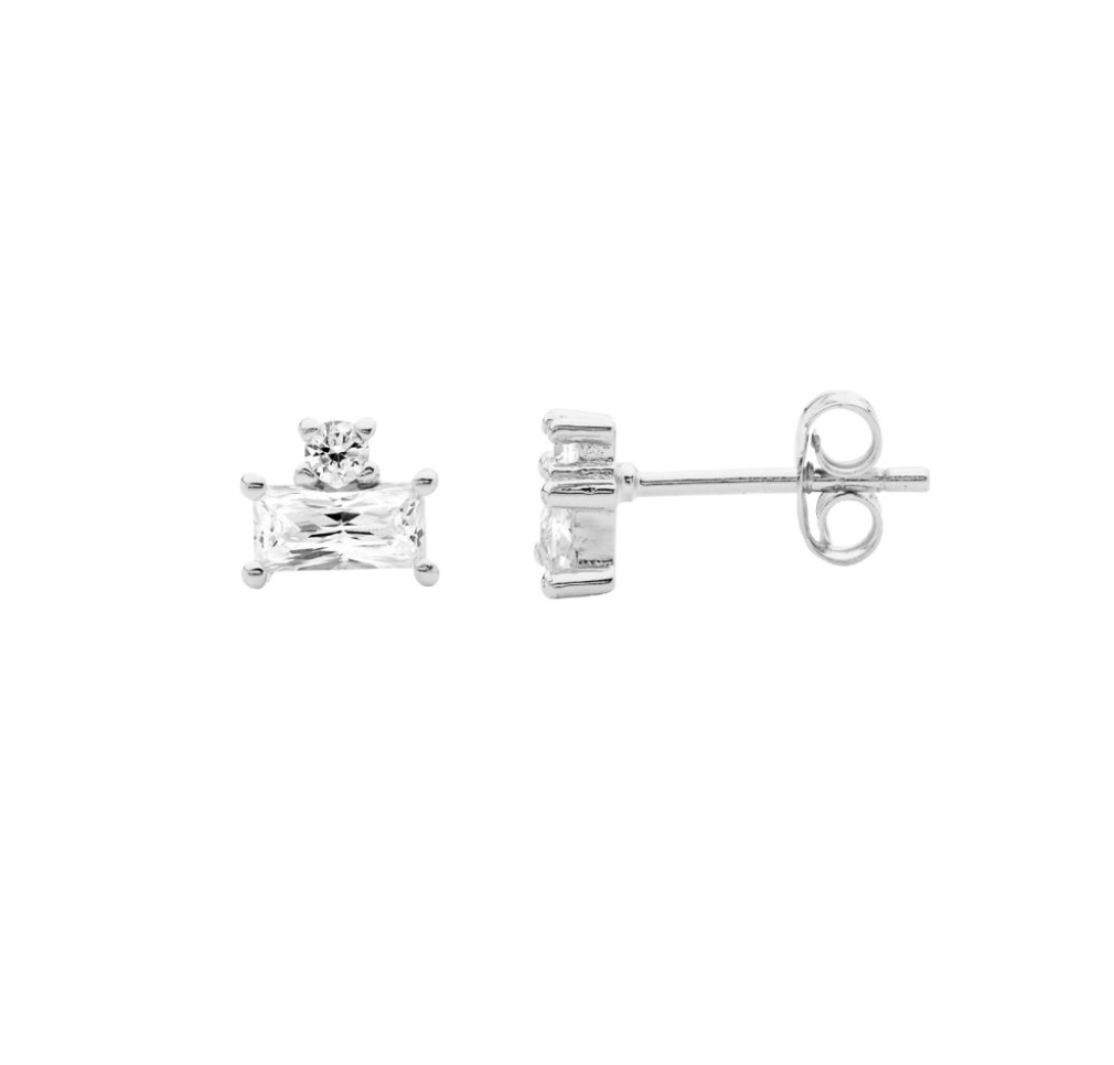 Ellani Sterling Silver Baguette & Round CZ Stud Earrings