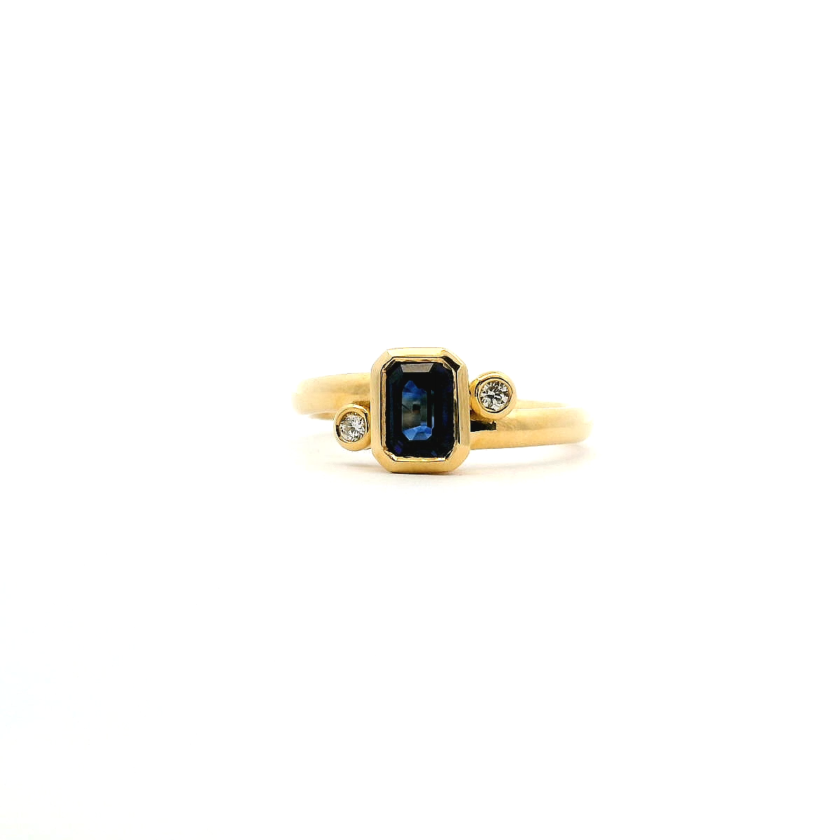 Ceylonese Sapphire & Diamond 9ct Yellow Gold Bezel Set Ring