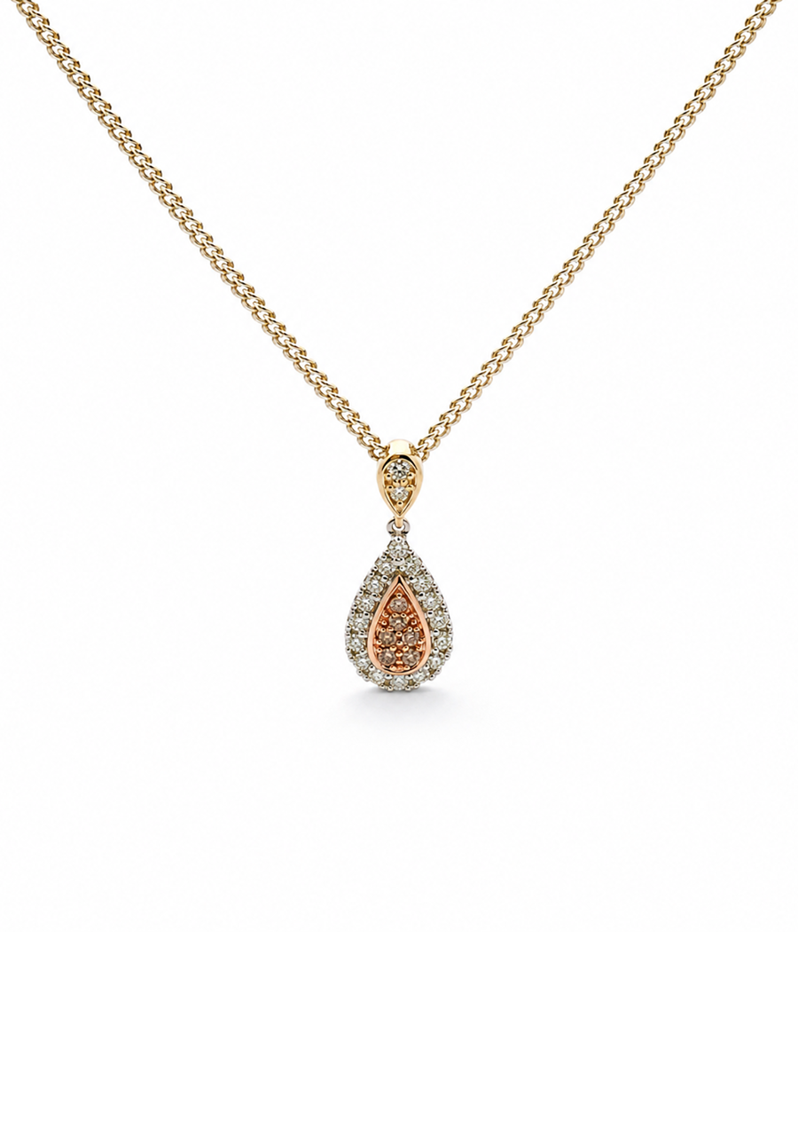 9ct Tri-Tone Pink Diamond Tear Drop Cluster Pendant